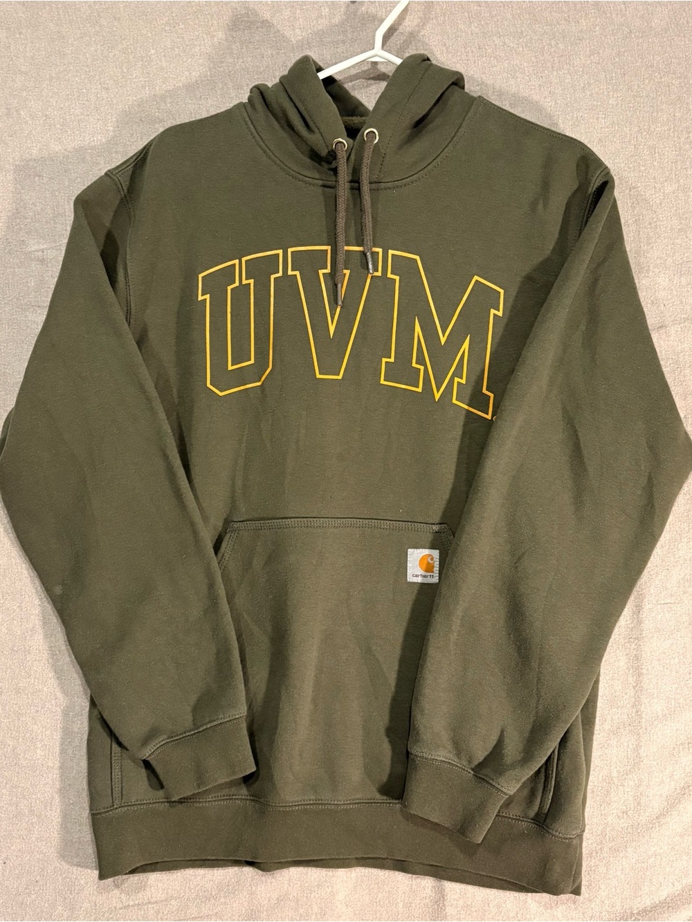 Carhartt Olive Green UVM Pullover Hoodie w Yellow Logo. Workwear.Medium.Unisex